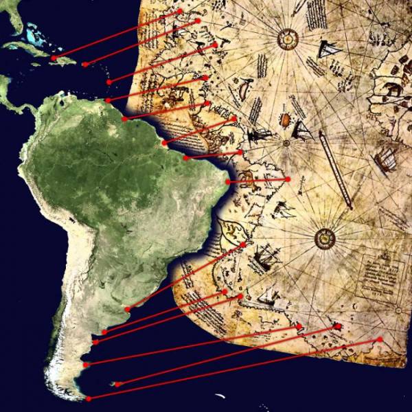 Сравнение между современным изображением и версией изображения на карте Пири-реиса