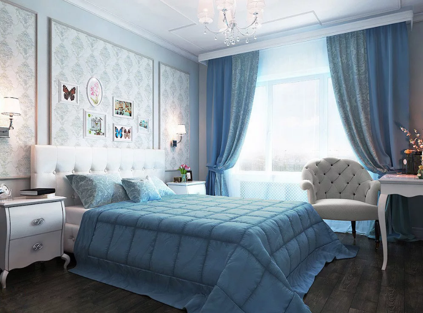 голубые шторы в спальне