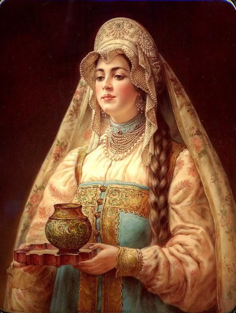 старинный портрет русской красавицы с косой